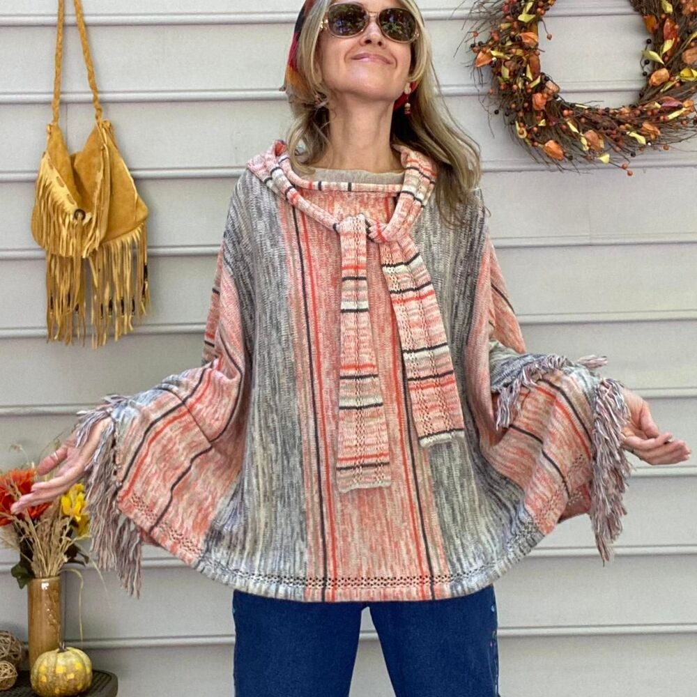 Fall Orange Poncho with fringe wool blend
